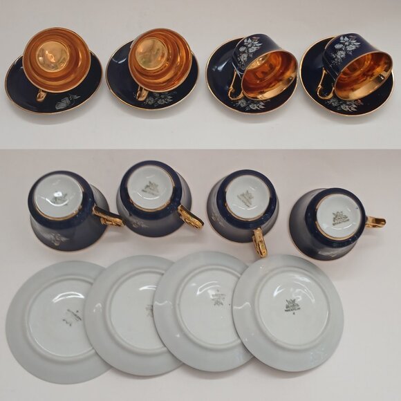 VTG Cobalt Blue Gold Interior Fine Porcelain Favolina 4 Cups & Saucers Poland - Picture 12 of 16